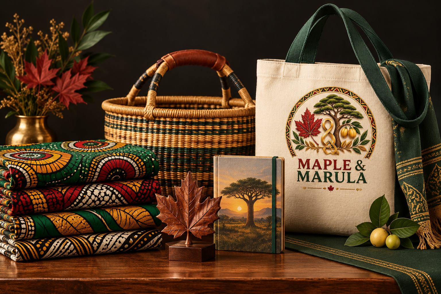 Maple and Marula concept display of textiles, basket, gifts and branded tote