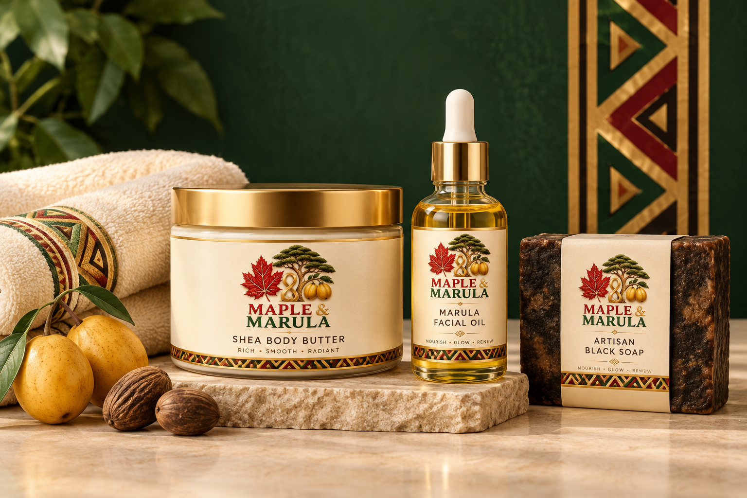Maple and Marula concept packaging for body butter, marula oil and black soap